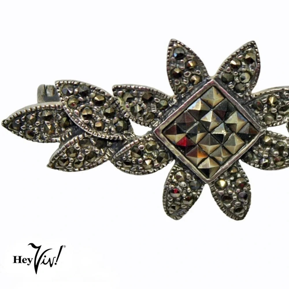 Vintage Marcasite Pin Brooch Deco Style Floral Leaf Motif 2.25